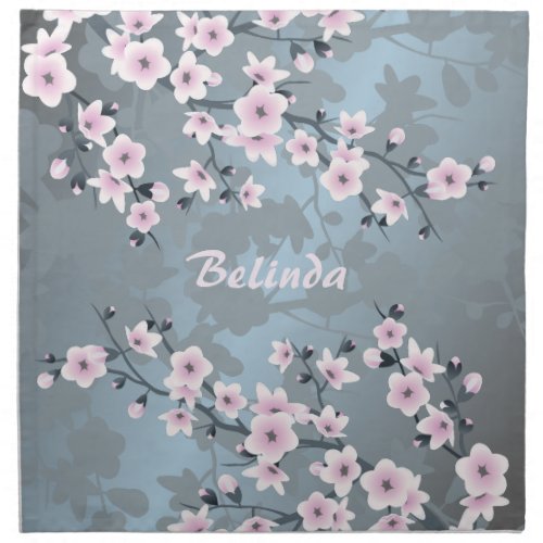 Dusky Pink Grayish Blue Cherry Blossoms Monogram Cloth Napkin