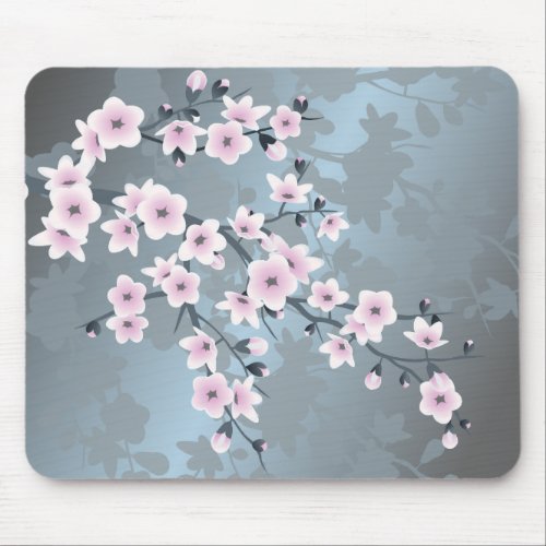 Dusky Pink Grayish Blue Cherry Blossoms Mouse Pad