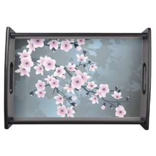 Dusky Pink Grayish Blue Cherry Blossoms Serving Tray