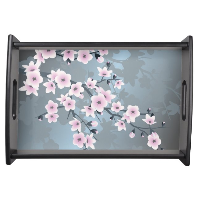 Dusky Pink Grayish Blue Cherry Blossoms Serving Tray (Front)