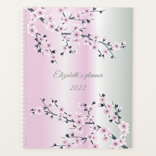 Dusky Pink Green Stripes Cherry Blossoms Planner