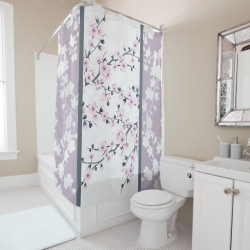 Dusky Pink Mauve Stripes Cherry Blossoms Shower Cu Shower Curtain