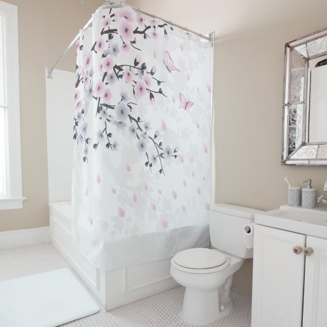 Dusky Pink Mauve White Cherry Blossom Shower Curtain (In Situ)