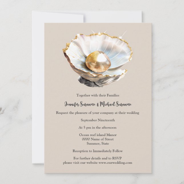 Dusky pink pearl in shell 3D shimmer beach chic Invitation (Front)