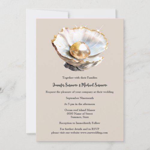 Dusky pink pearl in shell 3D shimmer beach chic Invitation