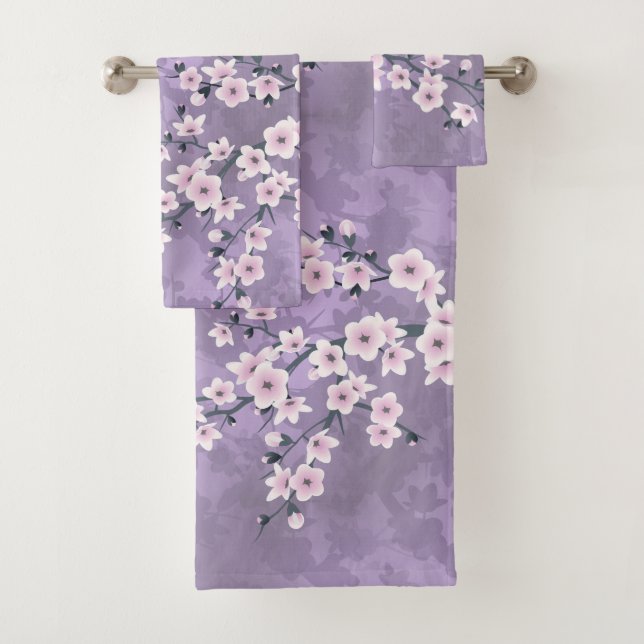 Dusky Pink Purple Cherry Blossom Floral  Bath Towel Set (Insitu)