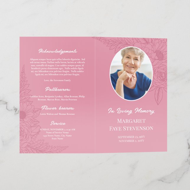 Dusky Pink Roses Daisy Funeral Program Brochure (Outside)