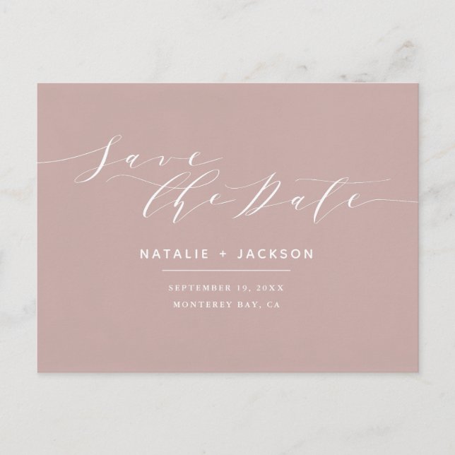 Dusky pink + white elegant wedding save the date postcard (Front)