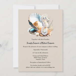 Dusky pink white seahorse seashell coral beach invitation