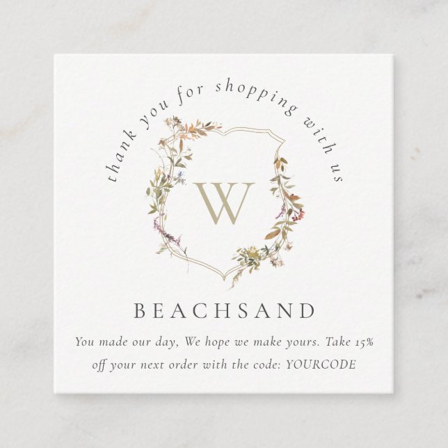 Dusky Pink Wildflower Crest Thank You For Shopping Square Business Card (Front)