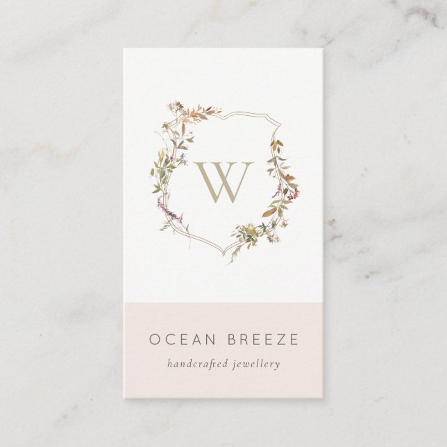 Dusky Pink Wildflower Monogram Initial Crest  Business Card (Front)