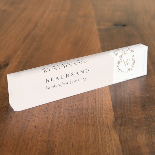 Dusky Pink Wildflower Monogram Initial Crest  Desk Name Plate (Side)