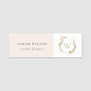 Dusky Pink Wildflower Monogram Initial Crest Name Tag