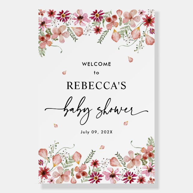 Dusky Pink Wildflowers Baby Shower Welcome Sign (Front)