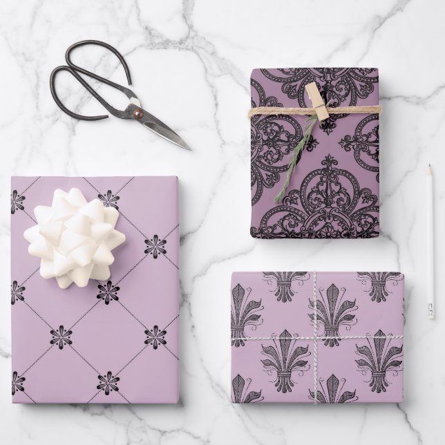 Dusky Purple and Black Paris themed Wrapping Paper Sheets (Front)