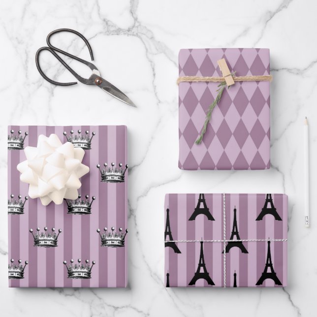 Dusky Purple and Black Paris themed Wrapping Paper Sheets (Front)
