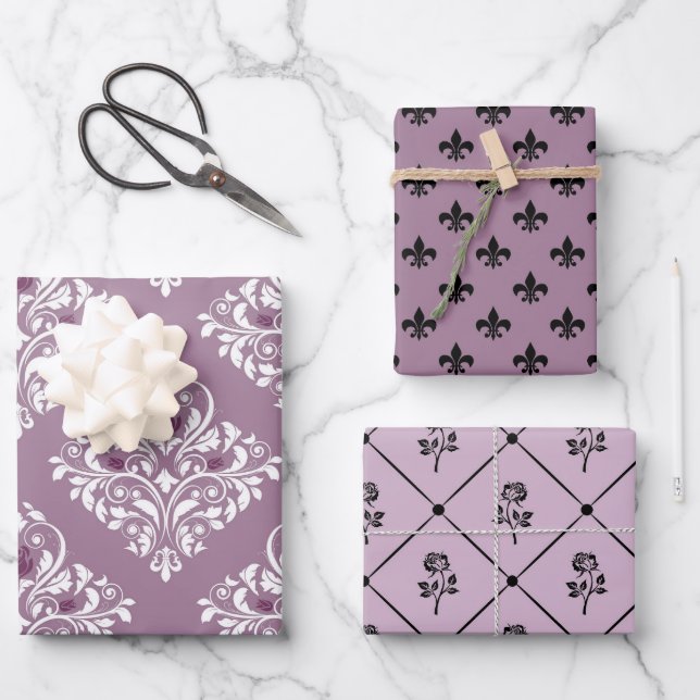 Dusky Purple and Black Paris themed Wrapping Paper Sheets (Front)