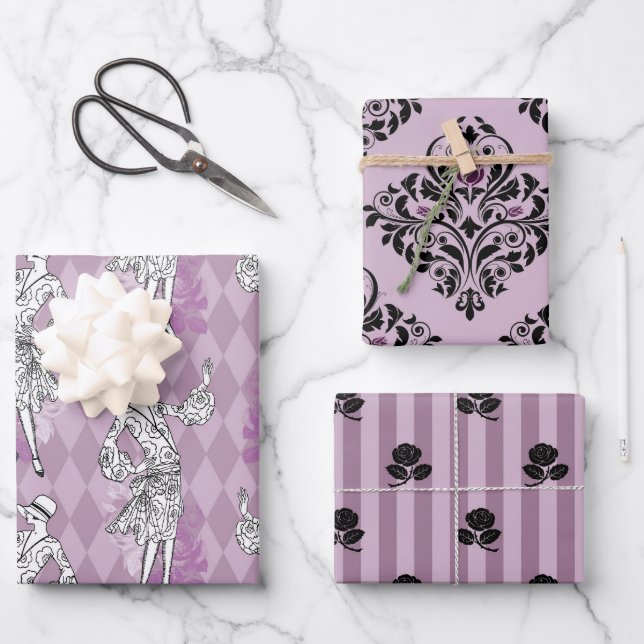 Dusky Purple and Black Paris Wrapping Paper Sheets (Front)