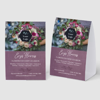 Dusky Purple Greenery Florist Photo & Your Logo Paper Table Tent