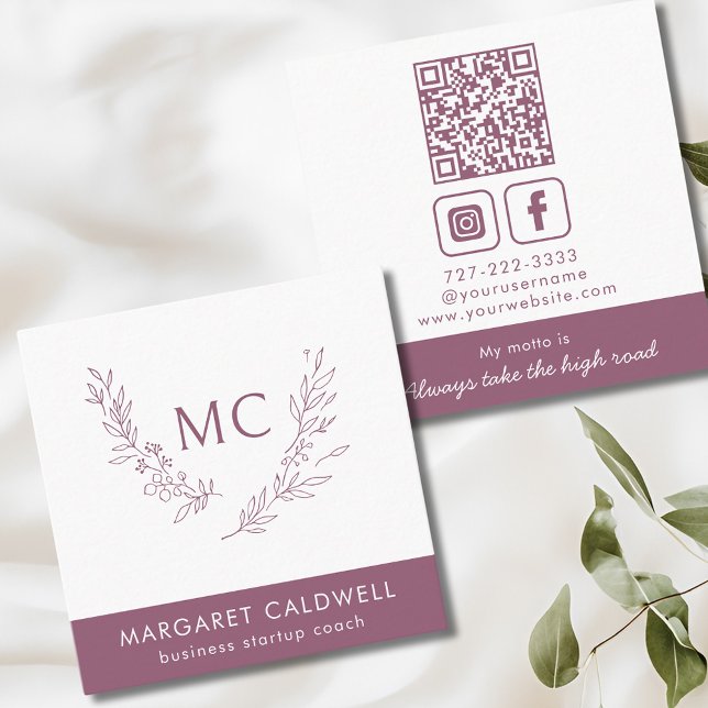 Dusky Purple Monogram Wreath Square Business Card (Dusky Purple Monogram Wreath Social Media Square Business Card)
