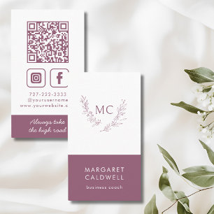 Dusky Purple Monogram Wreath Vertical Business Card