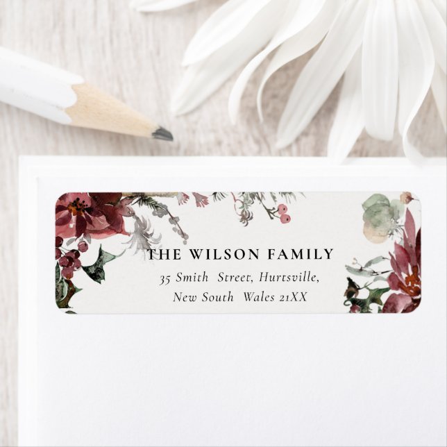 Dusky Red Poinsettia Floral Christmas Address Label (Insitu)