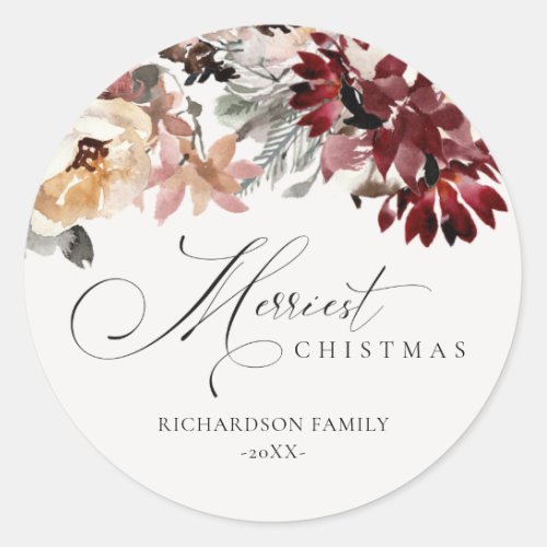 Dusky Red Poinsettia Floral Merriest Christmas Classic Round Sticker