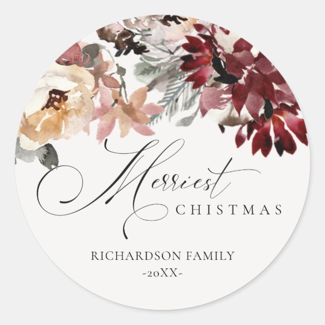 Dusky Red Poinsettia Floral Merriest Christmas Classic Round Sticker (Front)