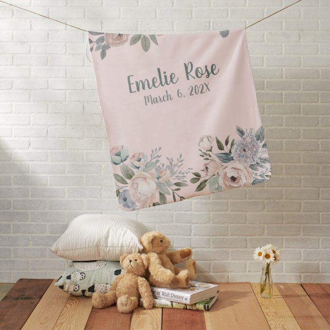 Dusky Rose Floral Boho Birth and Name Baby Blanket (In Situ)