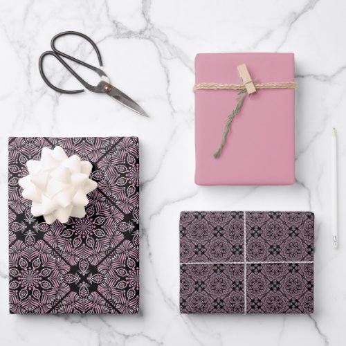 Dusky Rose Fronds Mandala Geometric Diamond Tile Wrapping Paper Sheets