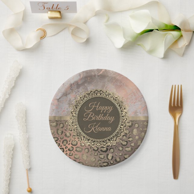 Dusky Rose Marble Glittery Leopard Birthday Paper Plates (Wedding)