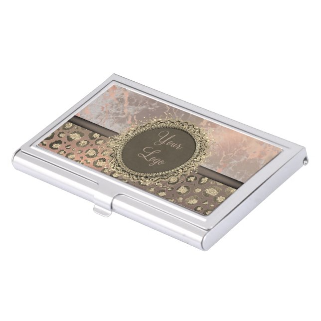 Dusky Rose Marble Glittery Leopard            Business Card Case (Front)