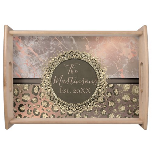 Dusky Rose Marble Glittery Leopard Family Name Serving Tray