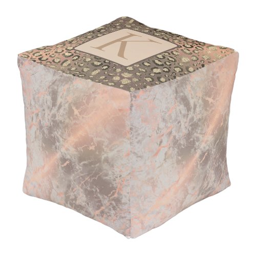 Dusky Rose Marble Glittery Leopard Monogram Pouf