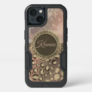 Dusky Rose Marble Glittery Leopard Personalized iPhone 13 Case