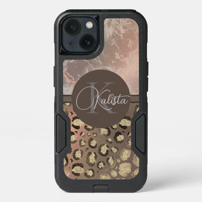 Dusky Rose Marble Glittery Leopard Personalized Otterbox iPhone Case (Back)