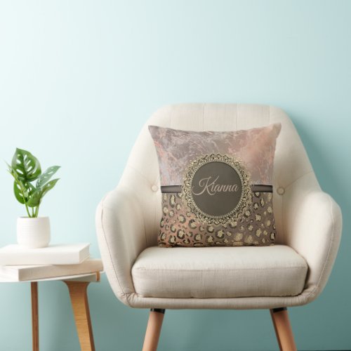 Dusky Rose Marble Glittery Leopard Throw Pillow