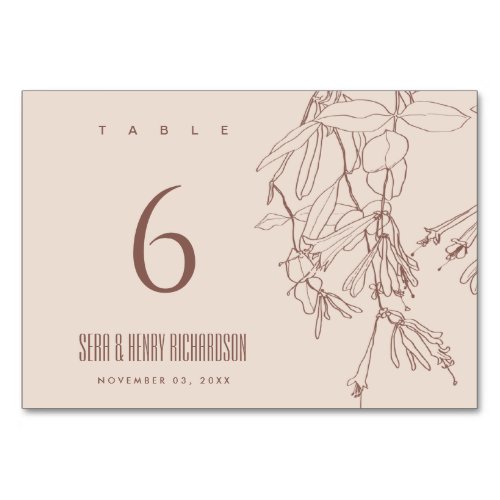 DUSKY RUST  BLUSH LINE DRAWING FLORAL WEDDING TABLE NUMBER