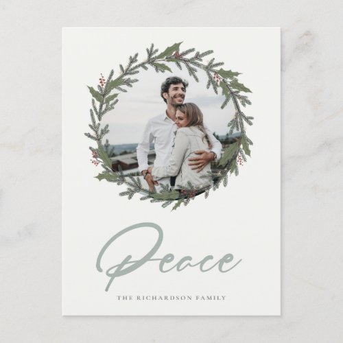 Dusky Sage Green Christmas Wreath Photo Peace Holiday Postcard