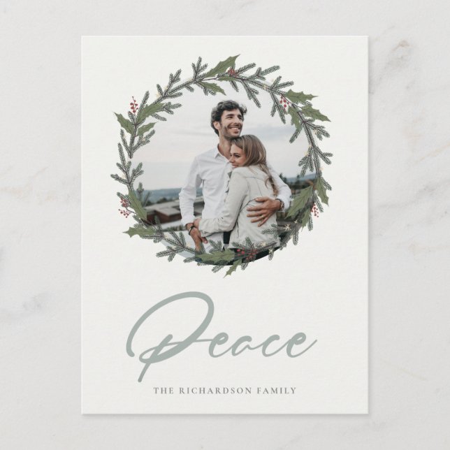 Dusky Sage Green Christmas Wreath Photo Peace Holiday Postcard (Front)