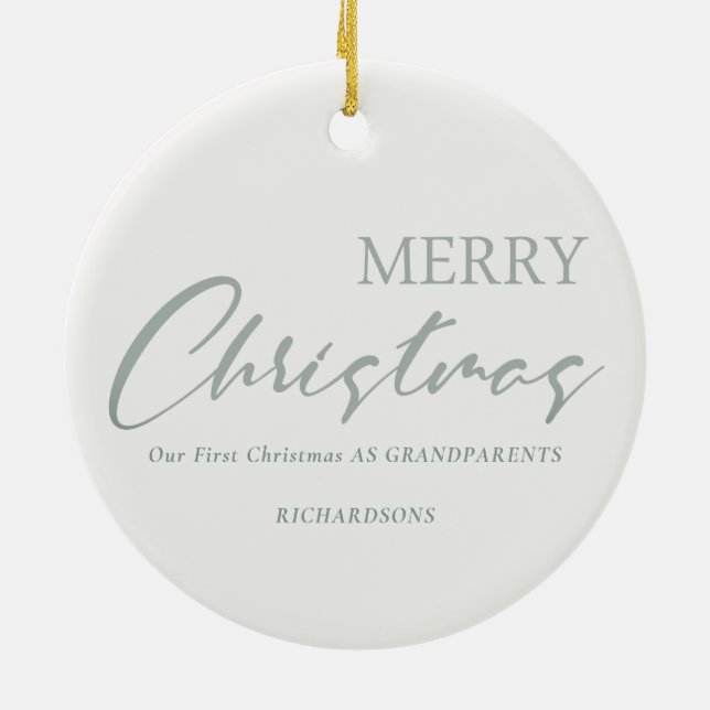 Dusky Sage Green Wreath Photo Merry Christmas Ceramic Ornament (Back)