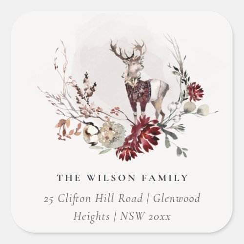 Dusky Stag Maroon Foliage Wreath Christmas Address Square Sticker