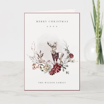 Dusky Stag Marsala Foliage Wreath Merry Christmas Holiday Card by YellowFebPaperie at Zazzle
