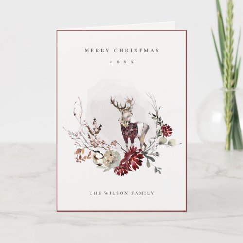 Dusky Stag Marsala Foliage Wreath Merry Christmas Holiday Card