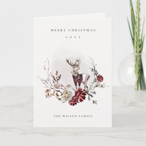 Dusky Stag Marsala Foliage Wreath Merry Christmas Holiday Card