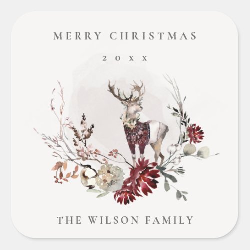 Dusky Stag Marsala Foliage Wreath Merry Christmas Square Sticker