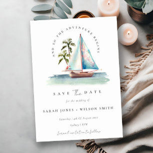 Dusky Teal Blue Sailboat Palm Watercolor Seascape Save The Date