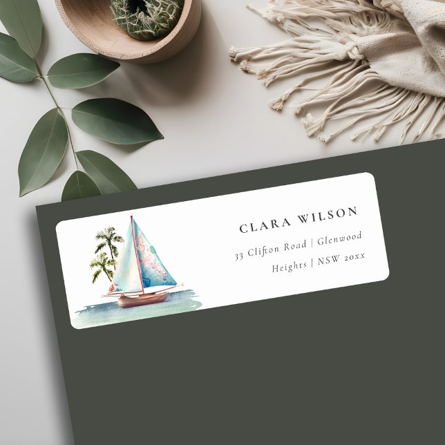 Dusky Teal Sailboat Palm Seascape Address Label (Creator Uploaded)