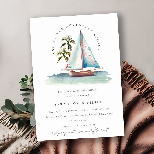 Dusky Teal Sailboat Palm Seascape Baby Shower Invitation (Creator Uploaded)