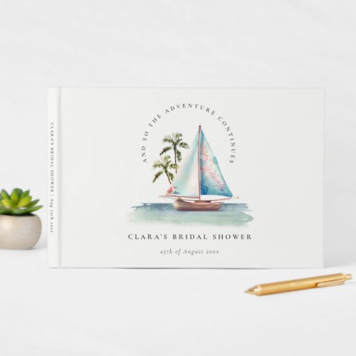 Dusky Teal Sailboat Palm Seascape Bridal Shower Guest Book